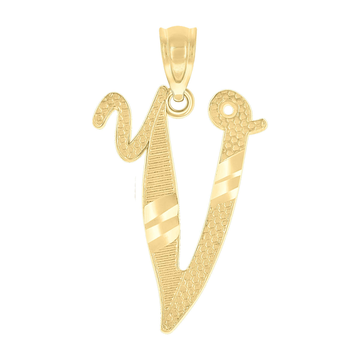 10kt Yellow Gold Unisex Diamond-Cut Initial V Charm Pendant