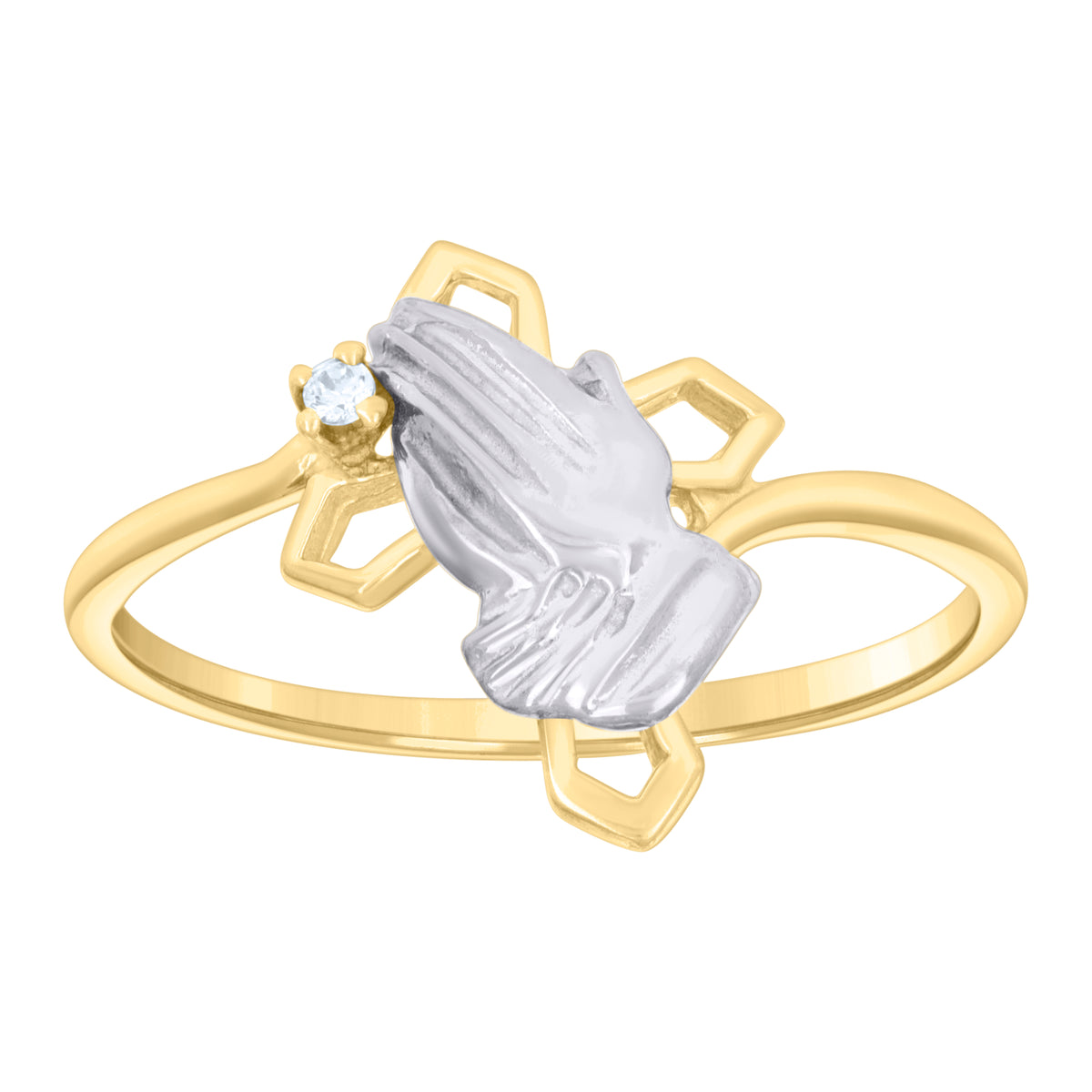 10kt Two-tone Gold Womens Cubic-Zirconia Cross Praying Hands Symbol Religious Ring