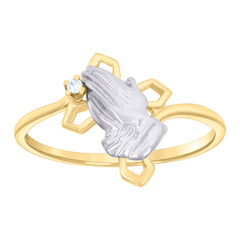 10kt Two-tone Gold Womens Cubic-Zirconia Cross Praying Hands Symbol Religious Ring