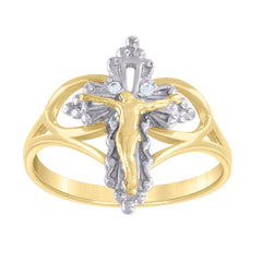 14kt Two-tone Gold Womens Cubic-Zirconia Crucifix Cross Religious Ring