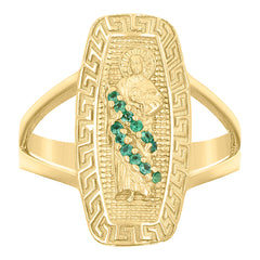 10kt Yellow Gold Womens Green Cubic-Zirconia St. Jude Religious Greek Key Patterned Ring