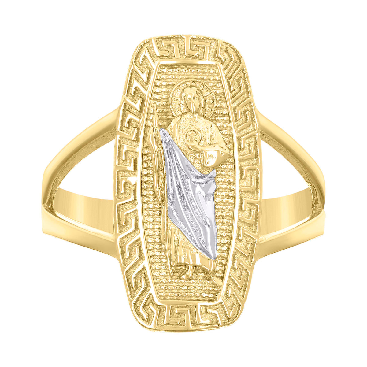 10kt Two-tone Gold Womens St. Jude Religious Greek Key Patterned Ring