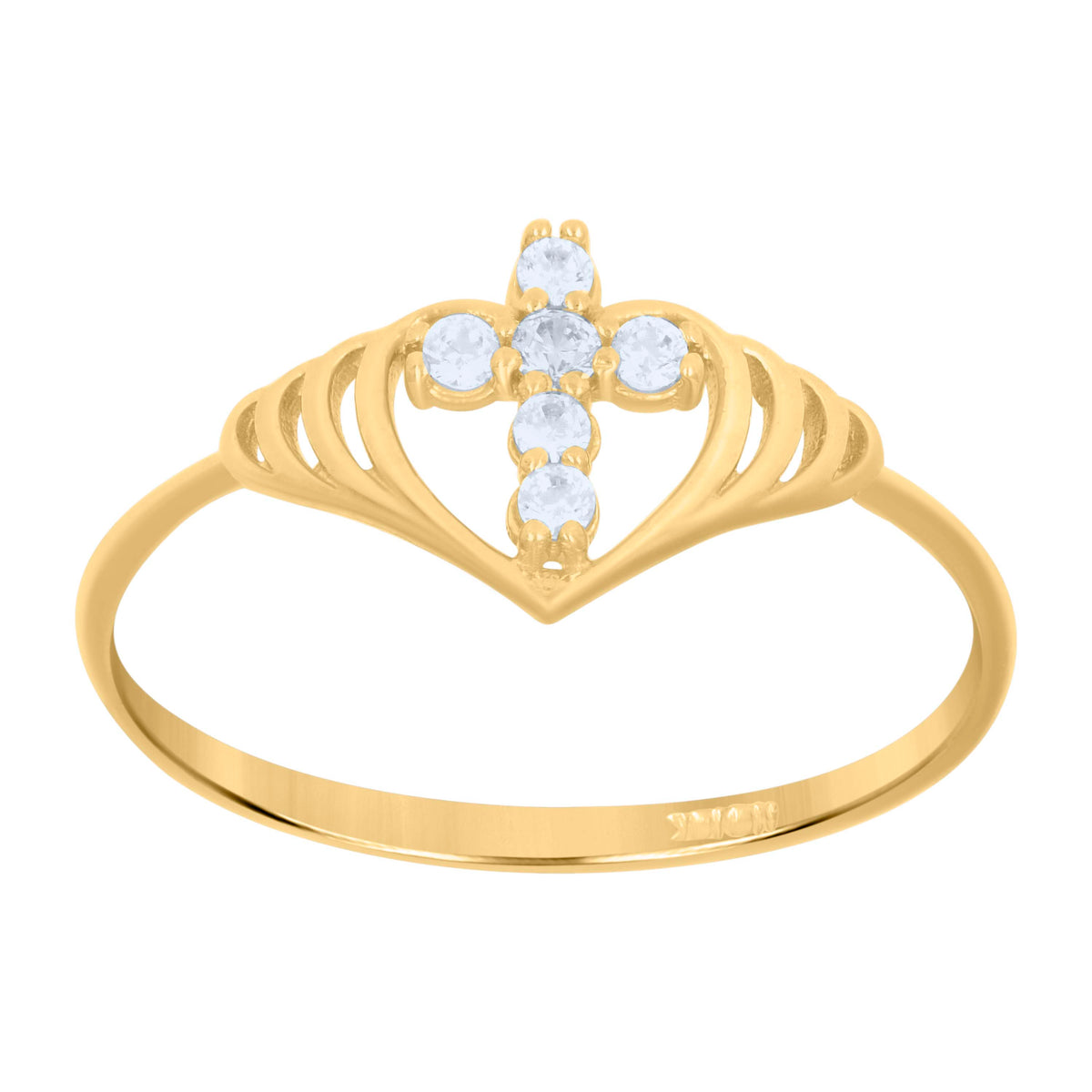 10Kt Yellow Gold Cz Womens Polished Finish Heart Cross Religious Ring