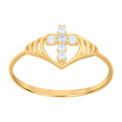 10Kt Yellow Gold Cz Womens Polished Finish Heart Cross Religious Ring