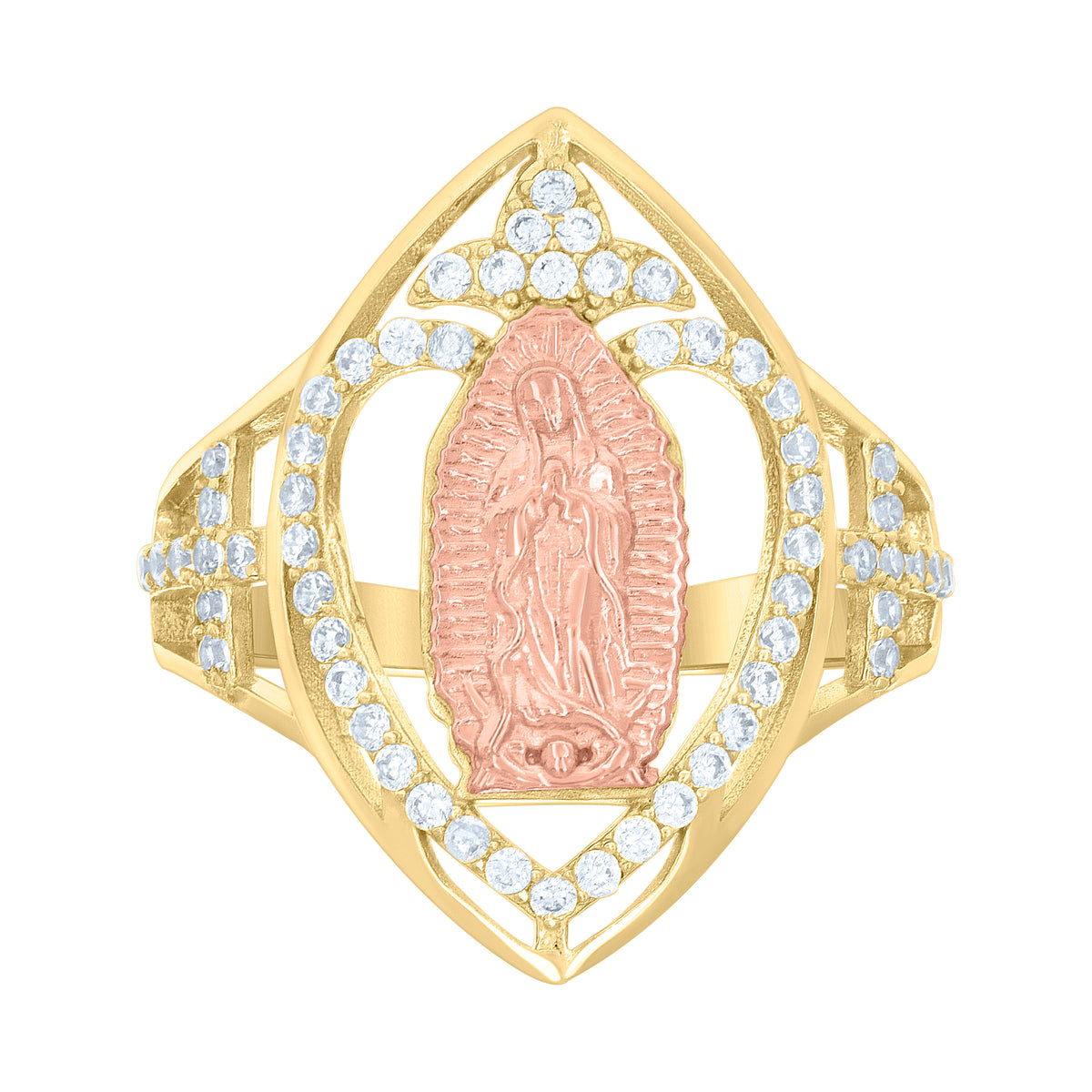 14kt Two-tone Gold Womens Cubic-Zirconia Heart Cross Virgin Mary/Guadalupe Religious Ring