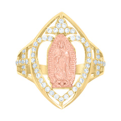 14kt Two-tone Gold Womens Cubic-Zirconia Heart Cross Virgin Mary/Guadalupe Religious Ring