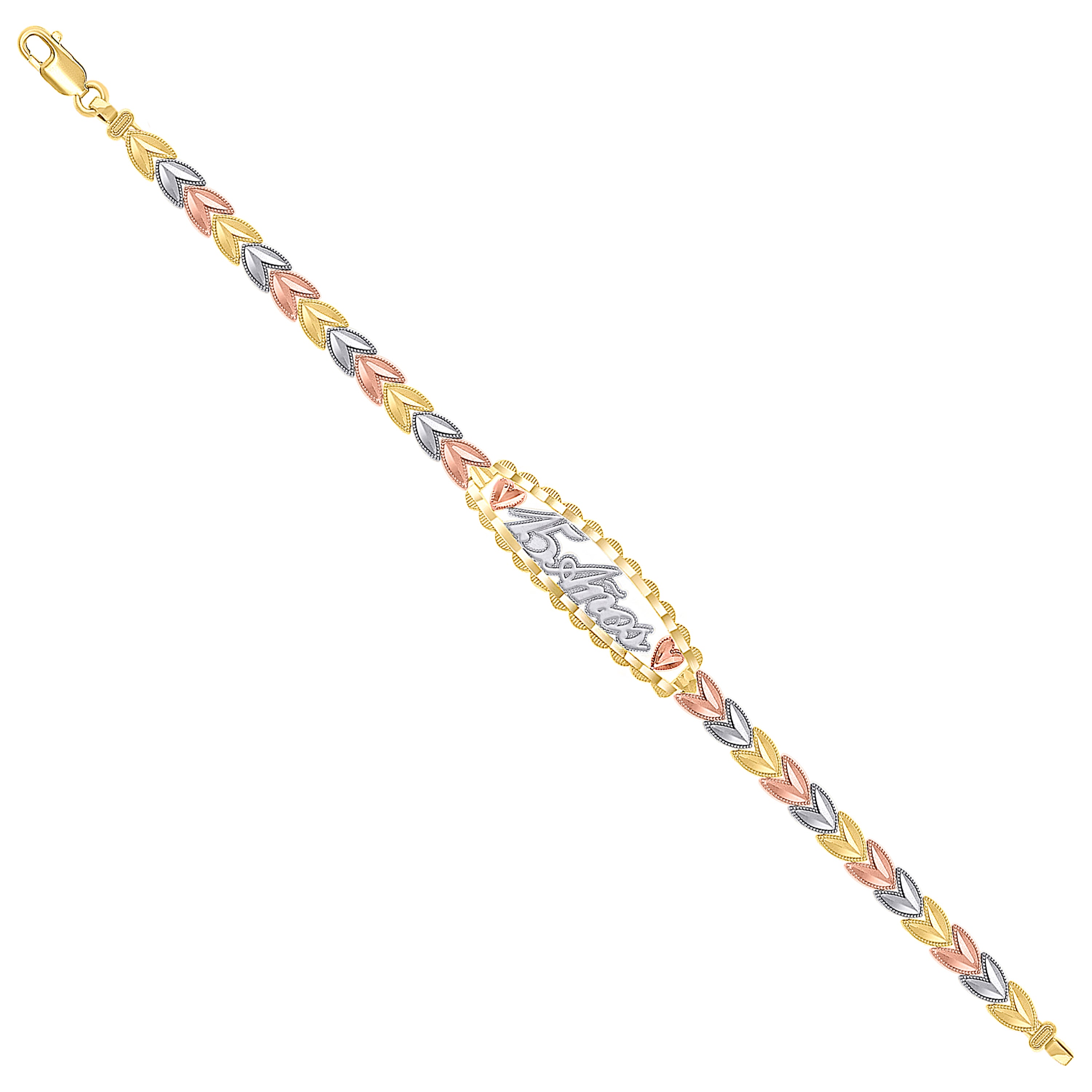 14kt Tri-Color Gold Womens 15 Anos Quinceanera Charm Bracelet Size 7.5 Inches