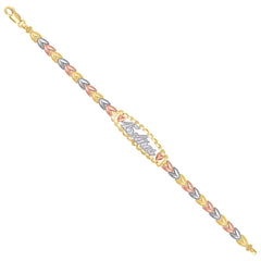 14kt Tri-Color Gold Womens 15 Anos Quinceanera Charm Bracelet Size 7.5 Inches
