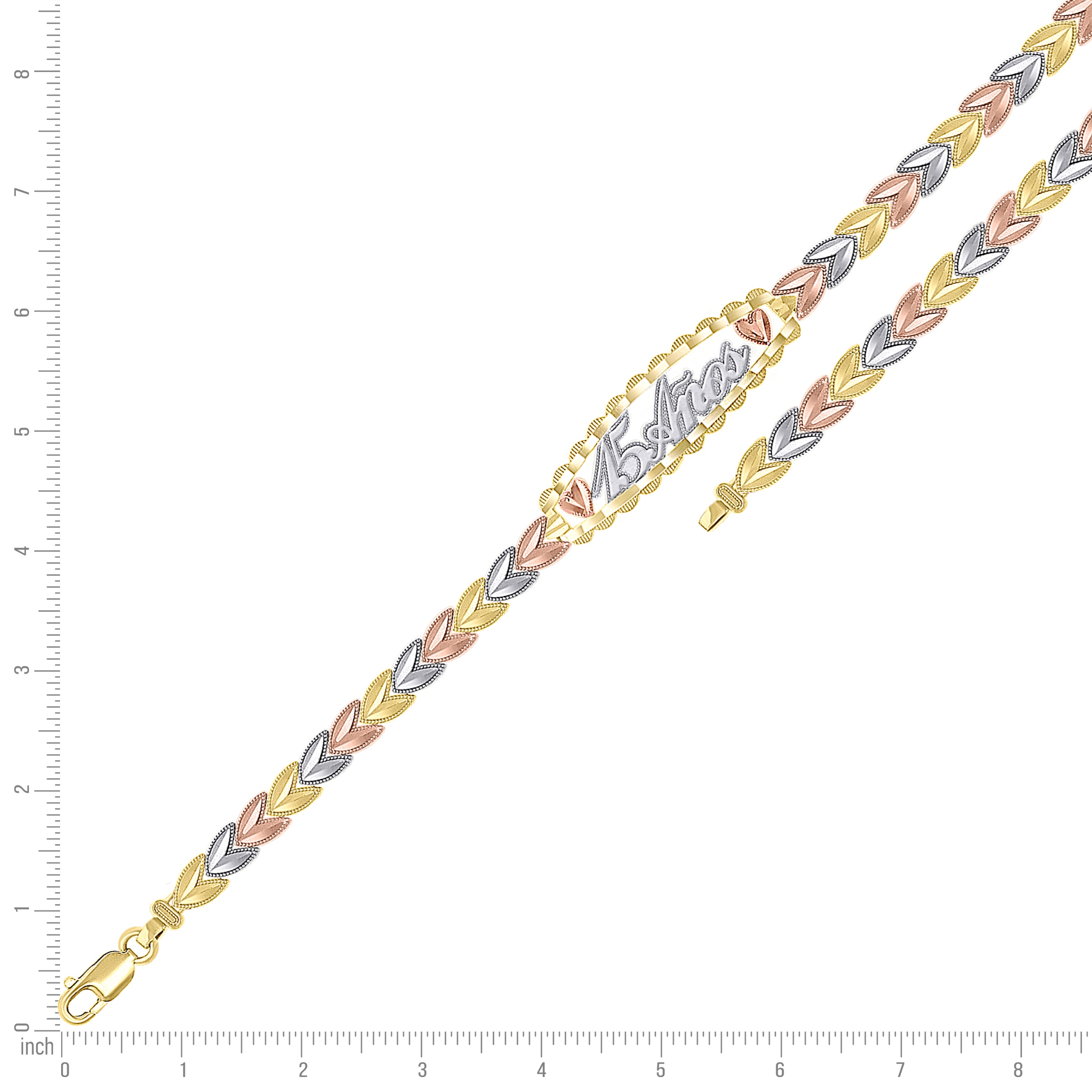 14kt Tri-Color Gold Womens 15 Anos Quinceanera Charm Bracelet Size 7.5 Inches