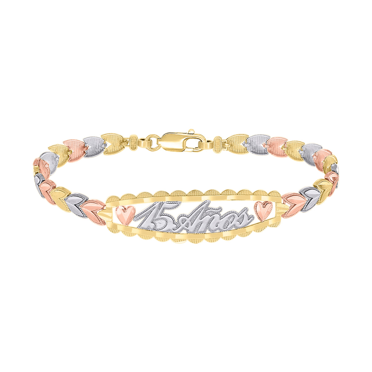 14kt Tri-Color Gold Womens 15 Anos Quinceanera Charm Bracelet Size 7.5 Inches
