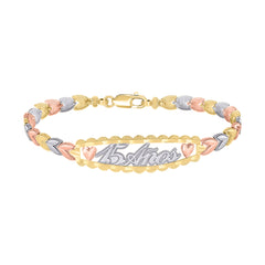 14kt Tri-Color Gold Womens 15 Anos Quinceanera Charm Bracelet Size 7.5 Inches
