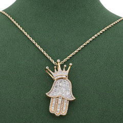 10k Yellow Gold Hamsa Hand w/ Crown Natural Diamond Baguette 2.5CTW Men Charm Pendant 11.1g