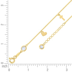14kt Yellow Gold Womens Cubic-Zirconia Heart Cross Charms Anklet Size 10 Inches