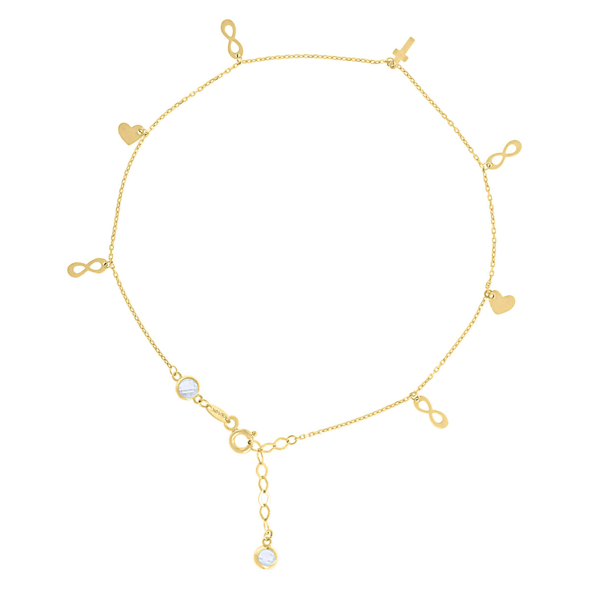14kt Yellow Gold Womens Cubic-Zirconia Cross Infinity Heart Charms Anklet Size 10 Inches