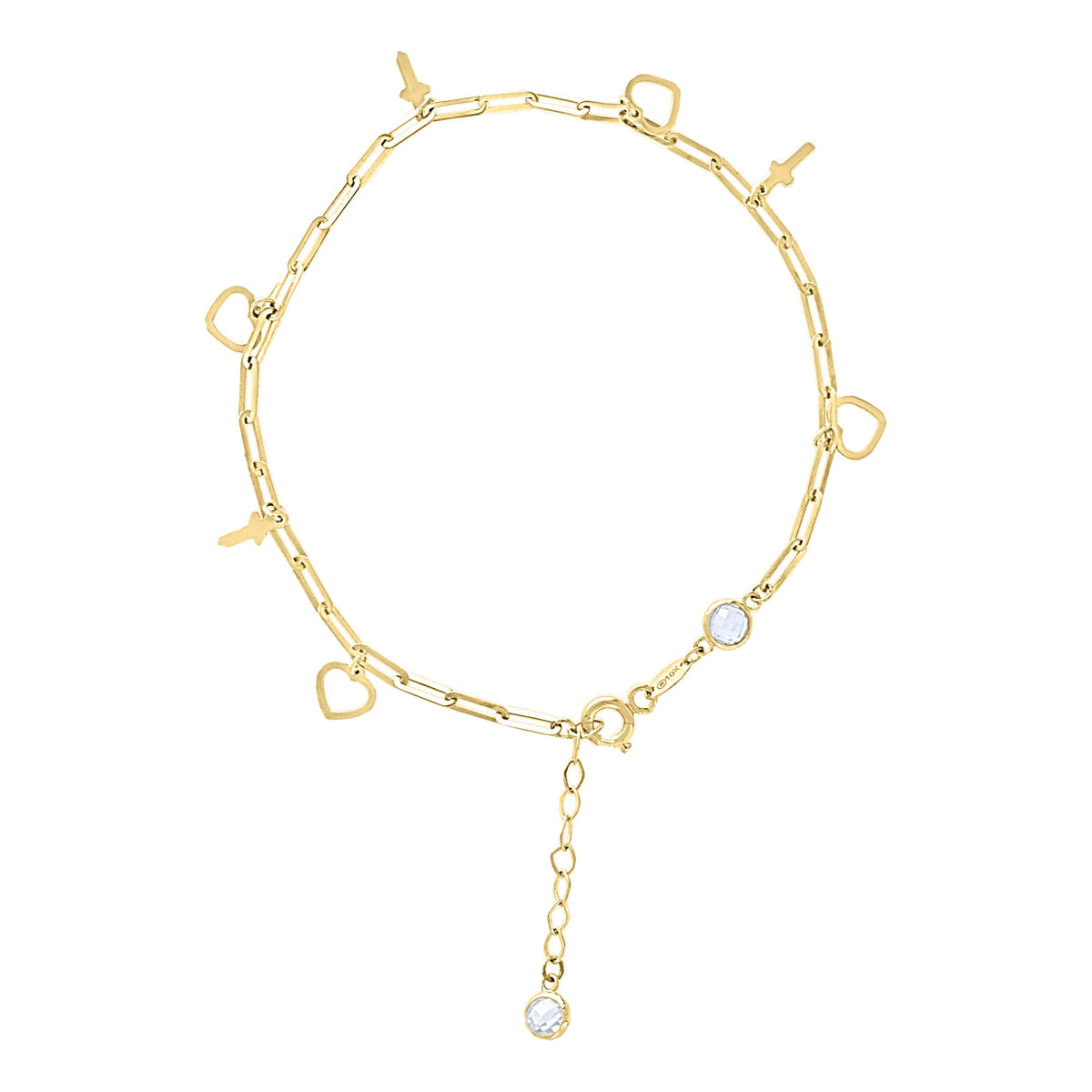 14kt Yellow Gold Womens Cubic-Zirconia Heart Cross Charms Bracelet Size 8 Inches