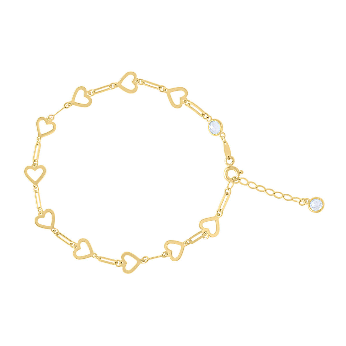 14kt Yellow Gold Womens Cubic-Zirconia Heart Link Bracelet Size 8 Inches