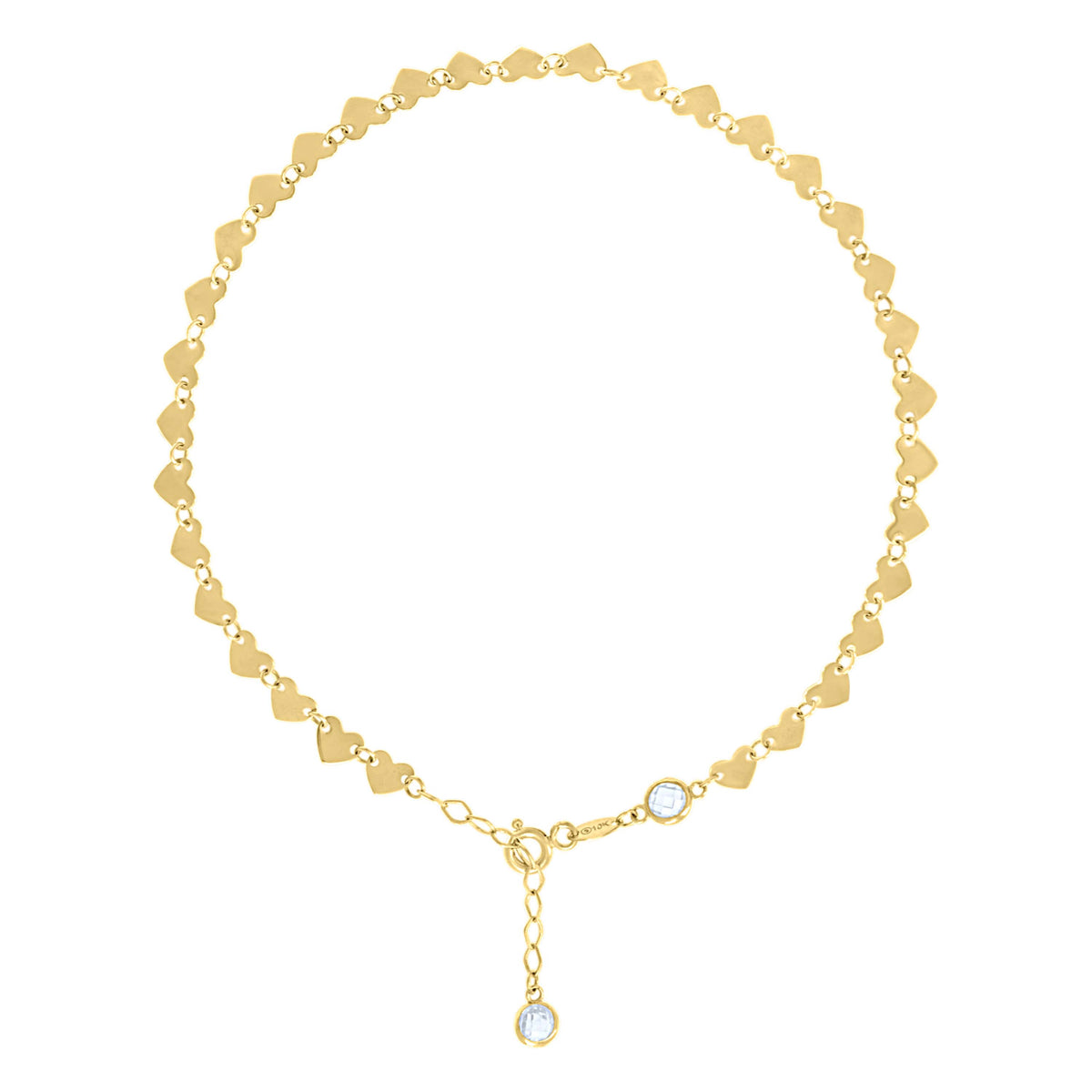 14kt Yellow Gold Womens Cubic-Zirconia Heart Link Anklet Size 10 Inches