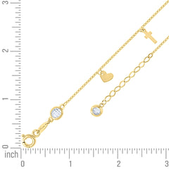 14kt Yellow Gold Womens Cubic-Zirconia Heart Cross Charms Anklet Size 10 Inches