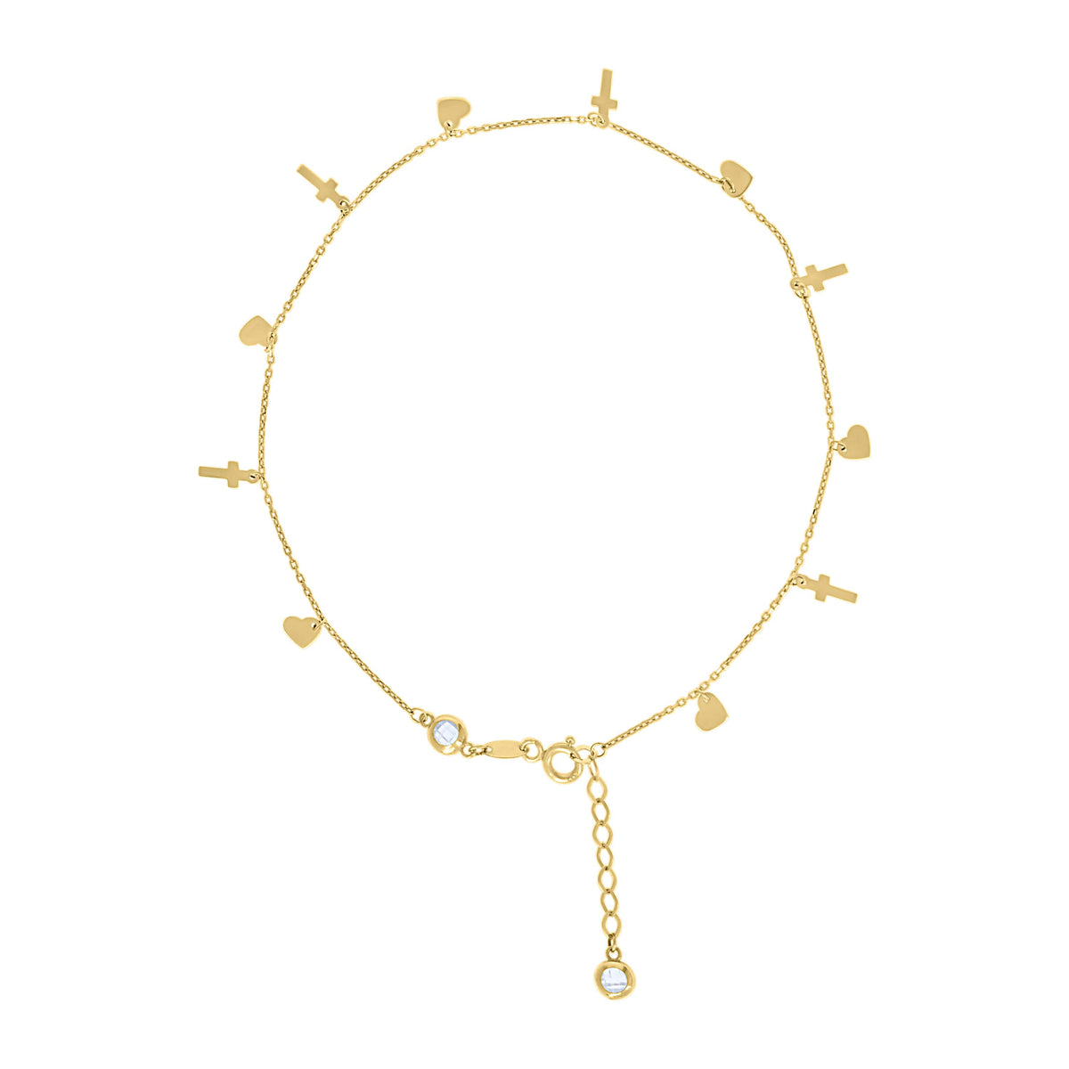 14kt Yellow Gold Womens Cubic-Zirconia Heart Cross Charms Anklet Size 10 Inches