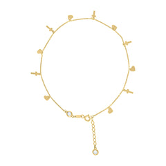 14kt Yellow Gold Womens Cubic-Zirconia Heart Cross Charms Anklet Size 10 Inches