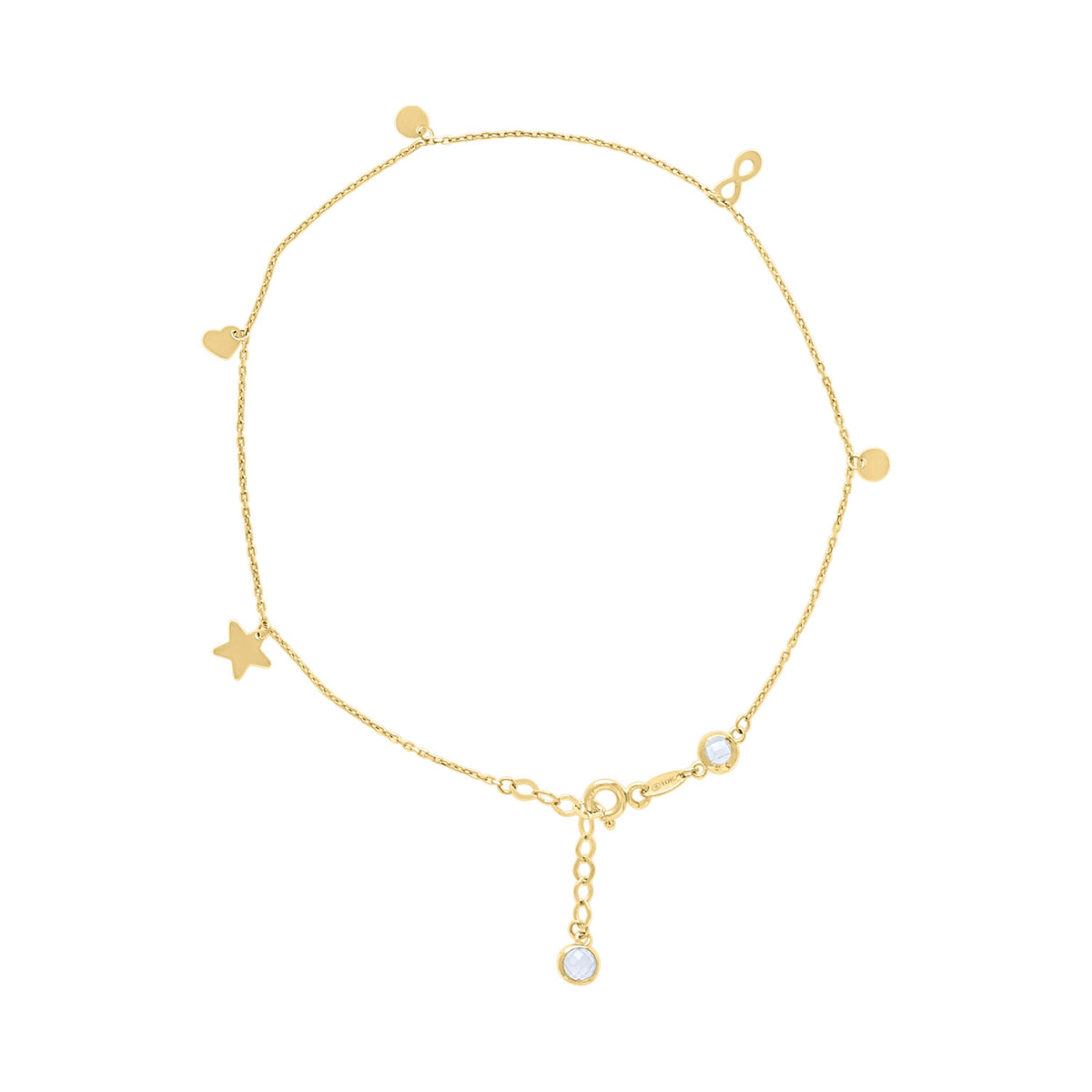 14kt Yellow Gold Womens Cubic-Zirconia Heart Infinity Star Charms Anklet Size 10 Inches