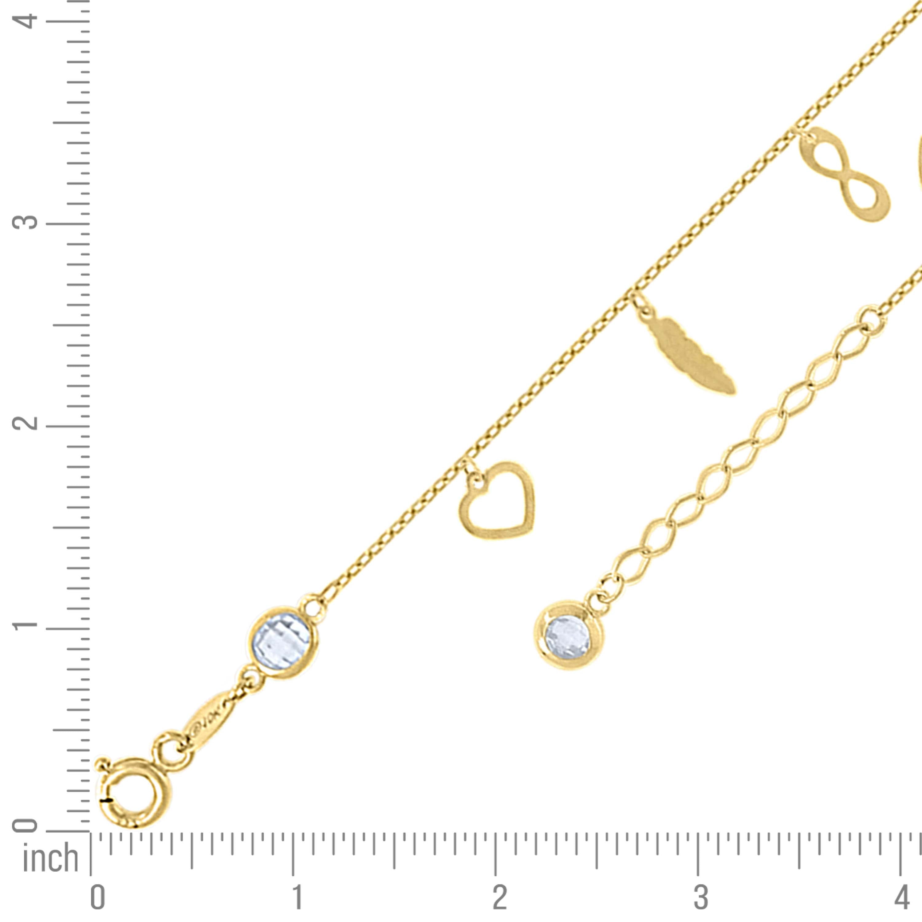 14kt Yellow Gold Womens Cubic-Zirconia Heart Infinity Feather Charms Anklet Size 10 Inches