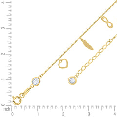 14kt Yellow Gold Womens Cubic-Zirconia Heart Infinity Feather Charms Anklet Size 10 Inches