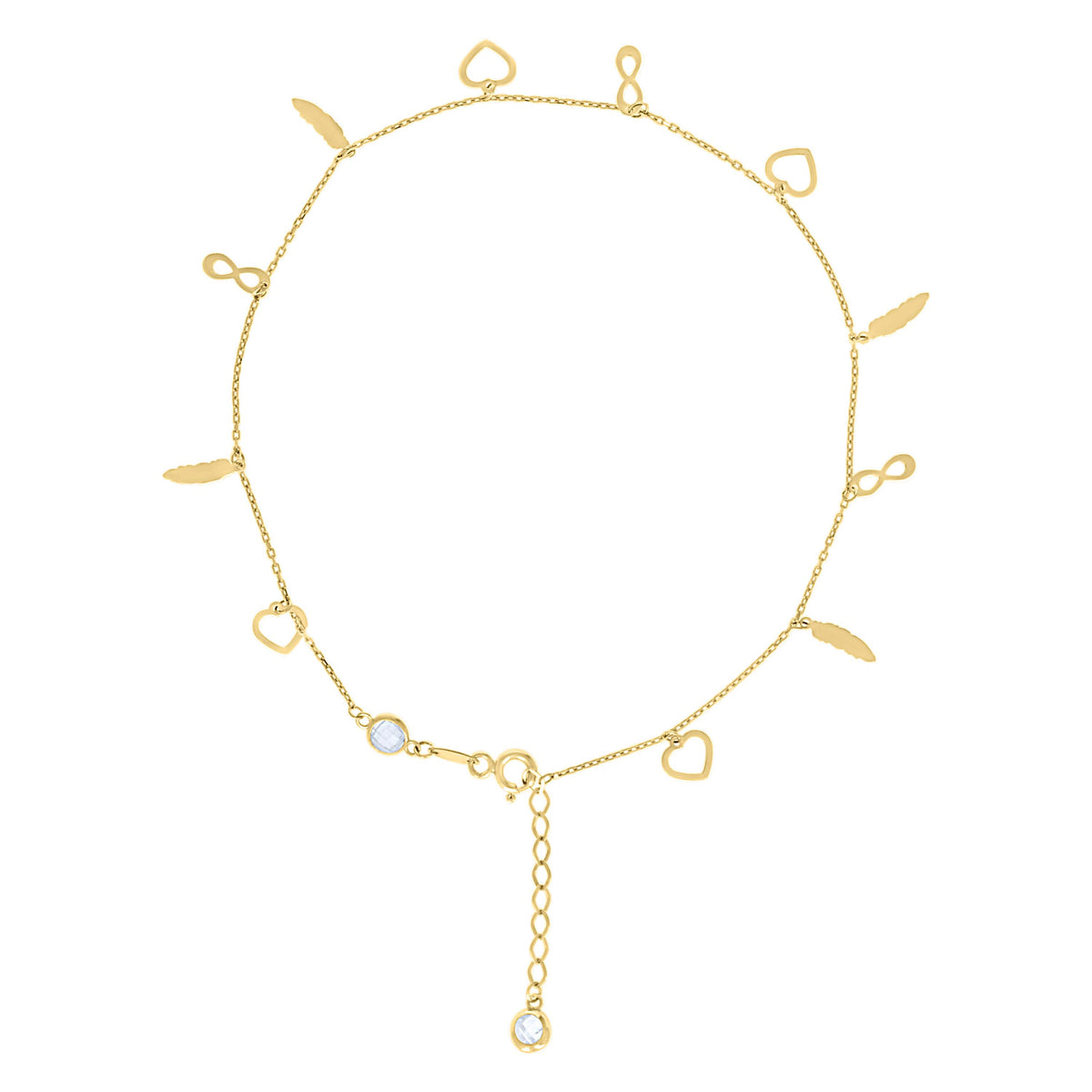 14kt Yellow Gold Womens Cubic-Zirconia Heart Infinity Feather Charms Anklet Size 10 Inches