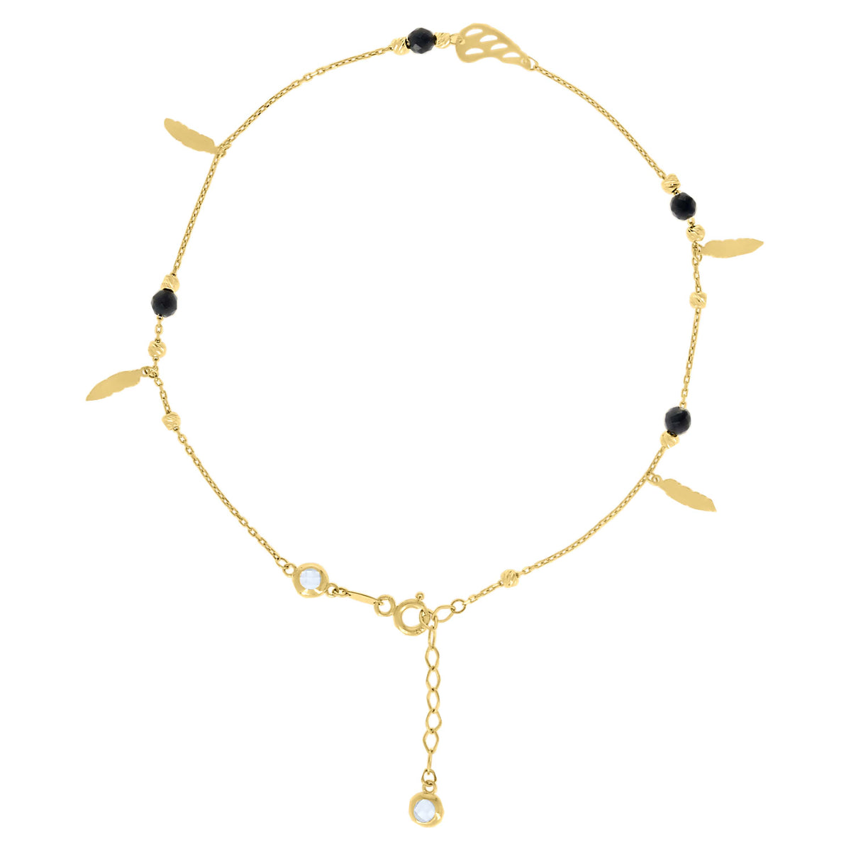 14kt Yellow Gold Womens Cubic-Zirconia Black Beaded Feather Fashion Charms Anklet Size 10 Inches