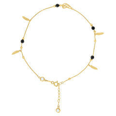 14kt Yellow Gold Womens Cubic-Zirconia Black Beaded Feather Fashion Charms Anklet Size 10 Inches