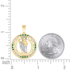 14kt Yellow Gold Unisex Green White Princess-Cut Cubic-Zirconia St. Jude Religious Pendant