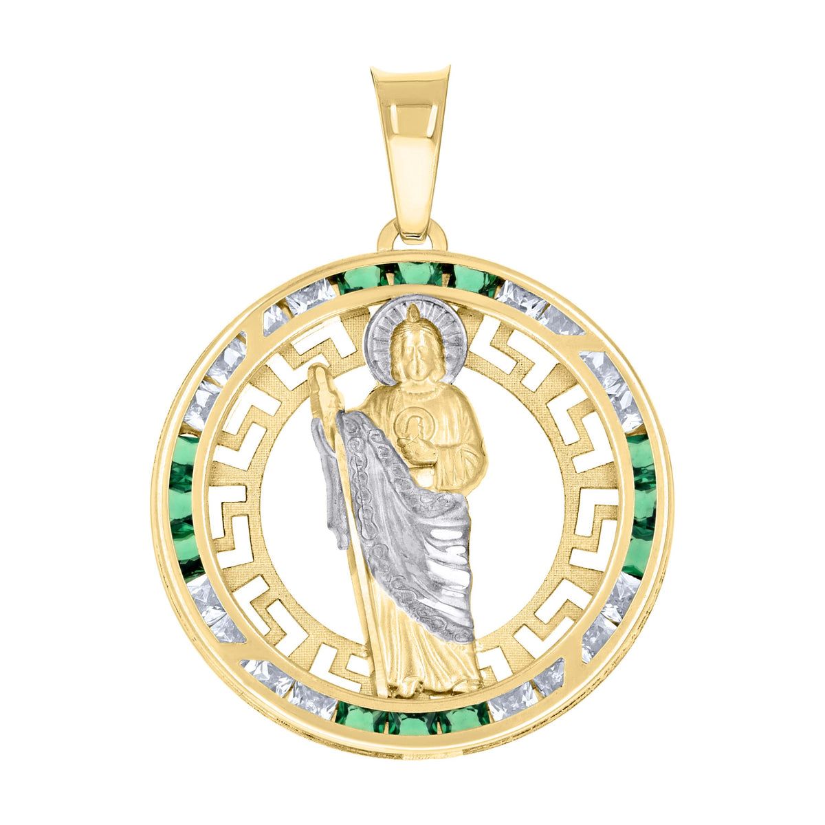 14kt Yellow Gold Unisex Green White Princess-Cut Cubic-Zirconia St. Jude Religious Pendant