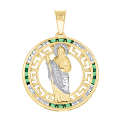 14kt Yellow Gold Unisex Green White Princess-Cut Cubic-Zirconia St. Jude Religious Pendant