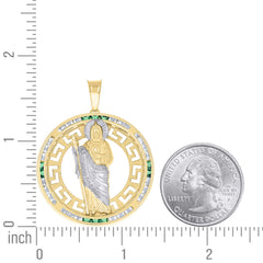 14kt Yellow Gold Mens Green White Princess-Cut Cubic-Zirconia St. Jude Religious Pendant