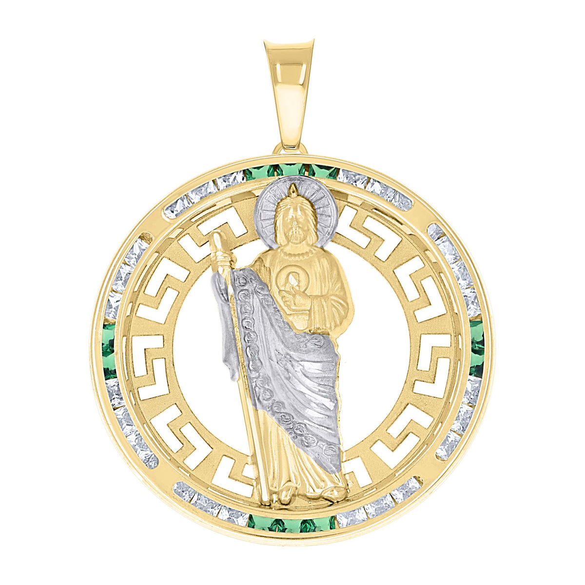14kt Yellow Gold Mens Green White Princess-Cut Cubic-Zirconia St. Jude Religious Pendant