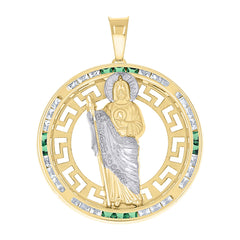 14kt Yellow Gold Mens Green White Princess-Cut Cubic-Zirconia St. Jude Religious Pendant