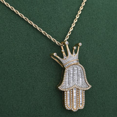 10k Yellow Gold Hamsa Hand w/ Crown Natural Diamond Baguette 2.5CTW Men Charm Pendant 11.1g