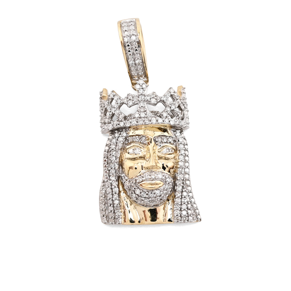 10k Yellow Gold 0.2CTW Natural Diamond 3D Crown Mini Jesus Head Pendant 3g Charm