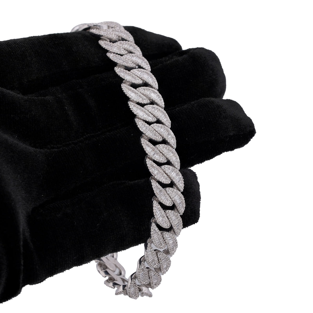 11MM 925 Sterling Silver 4.375CTW Natural Diamond Baguette Centre Row Cuban Link 8" Mens Bracelet 36.9g