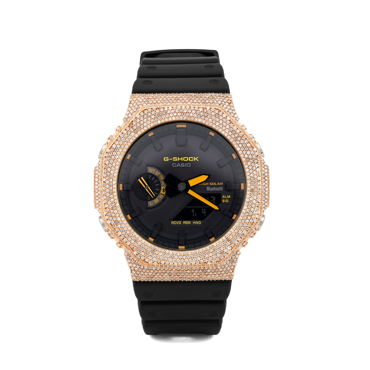 Casio G-Shock GA-2100 4.6 CT Natural Diamond Iced Out Yellow Bezel & Black Dial Watch