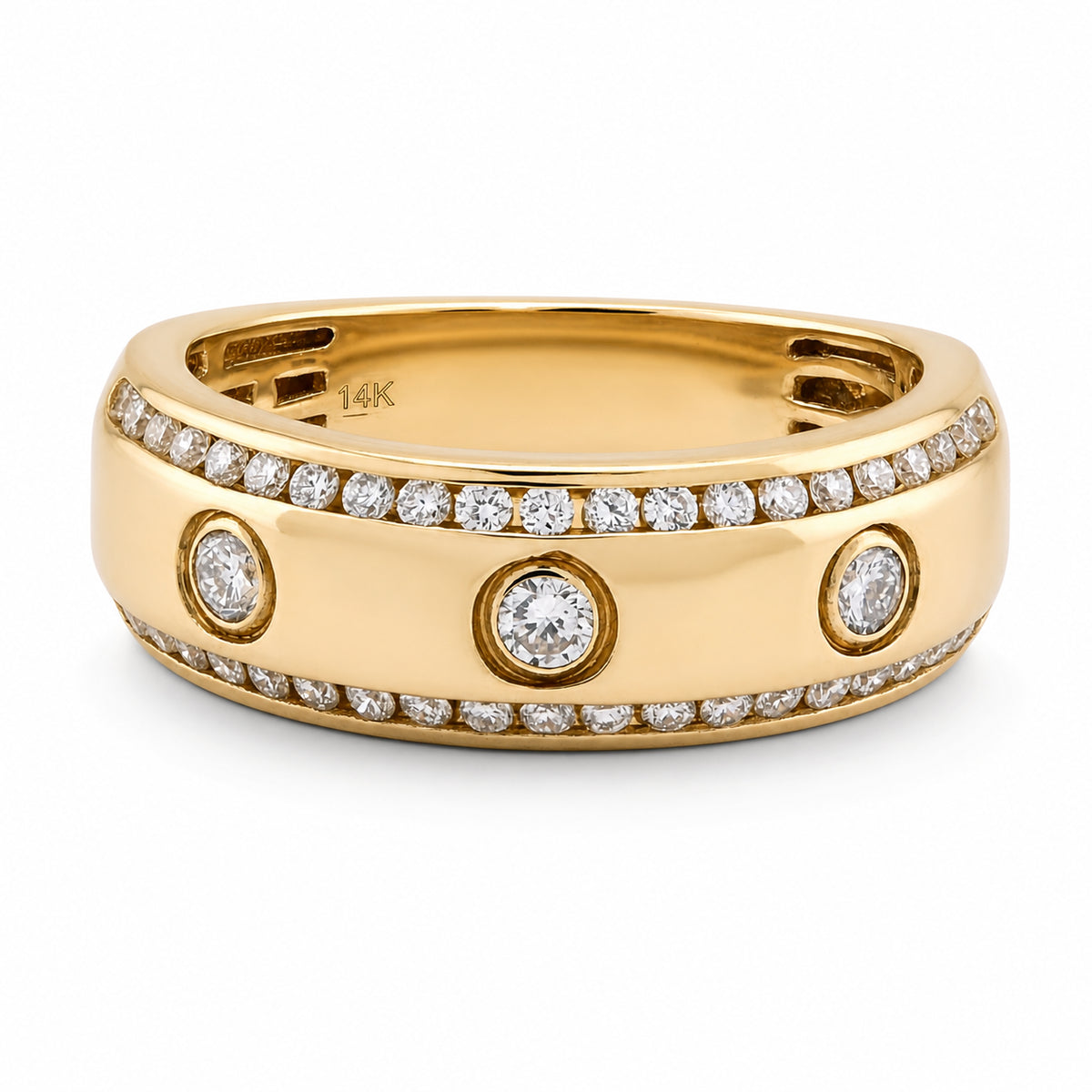 14k Yellow Gold 3 Stone Centre 2 Row Edge Lab Diamond Mens Ring Band 7.6gm