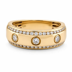 14k Yellow Gold 3 Stone Centre 2 Row Edge Lab Diamond Mens Ring Band 7.6gm