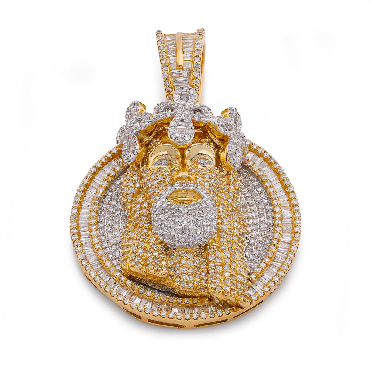 10k Yellow Gold 3.45CTW Round/Baguette Natural Diamond Round Shape Jesus Head Cross Crown Pendant 17.7g Charm
