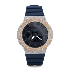 Casio G-Shock GA-2100 4.6 CT Natural Diamond Two-Tone Yellow / White Iced Out Blue Band Watch