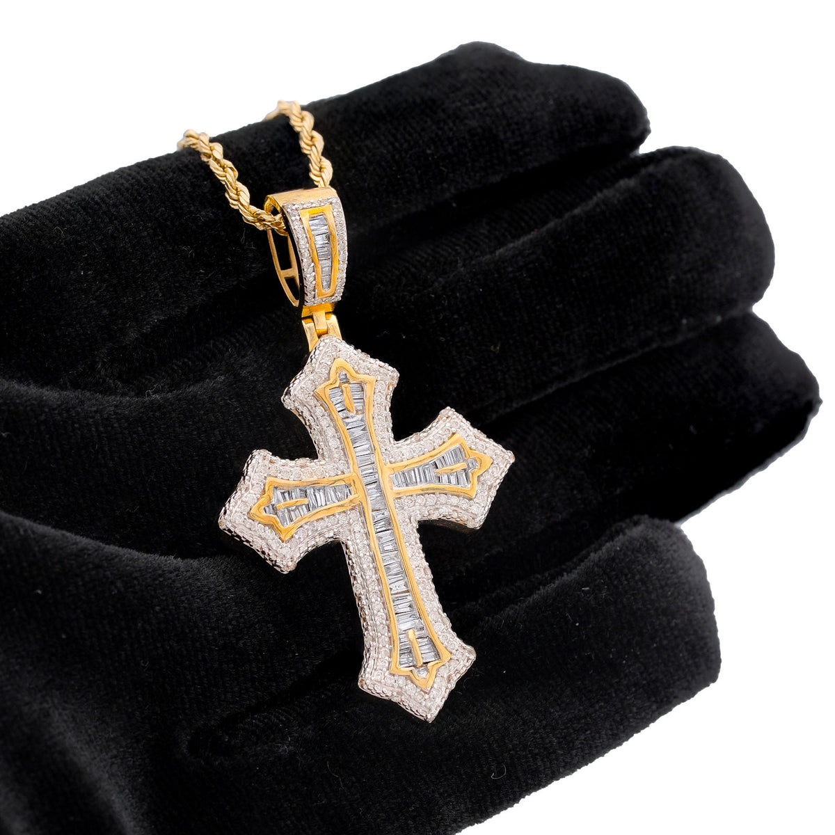 10k Yellow Gold 1.5CTW Natural Diamond Baguette CentreCross Pendant Religious 9.8g Charm