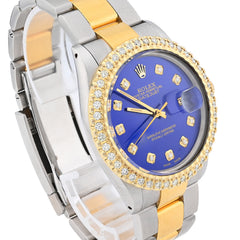 Mens Rolex Datejust 36MM Oyster SS/10k Gold 2CTW Diamond Bezel Blue Face Watch