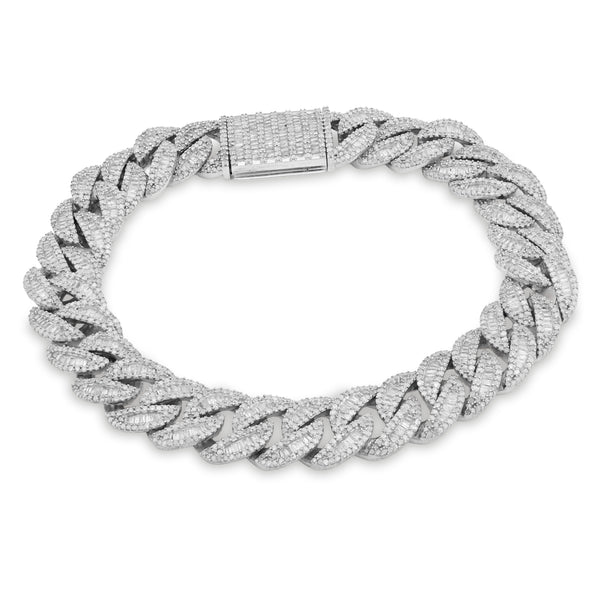 11MM 925 Silver 38.5g 6.31CTW Natural Round/Baguette Diamond Cuban Link Bracelet