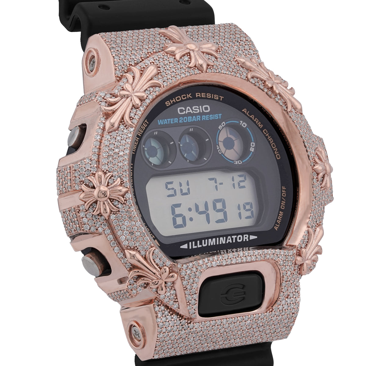 Casio G-Shock DW-6900 3.5 CT Natural Diamond Iced Out Rose Chrome Heart Cross Watch