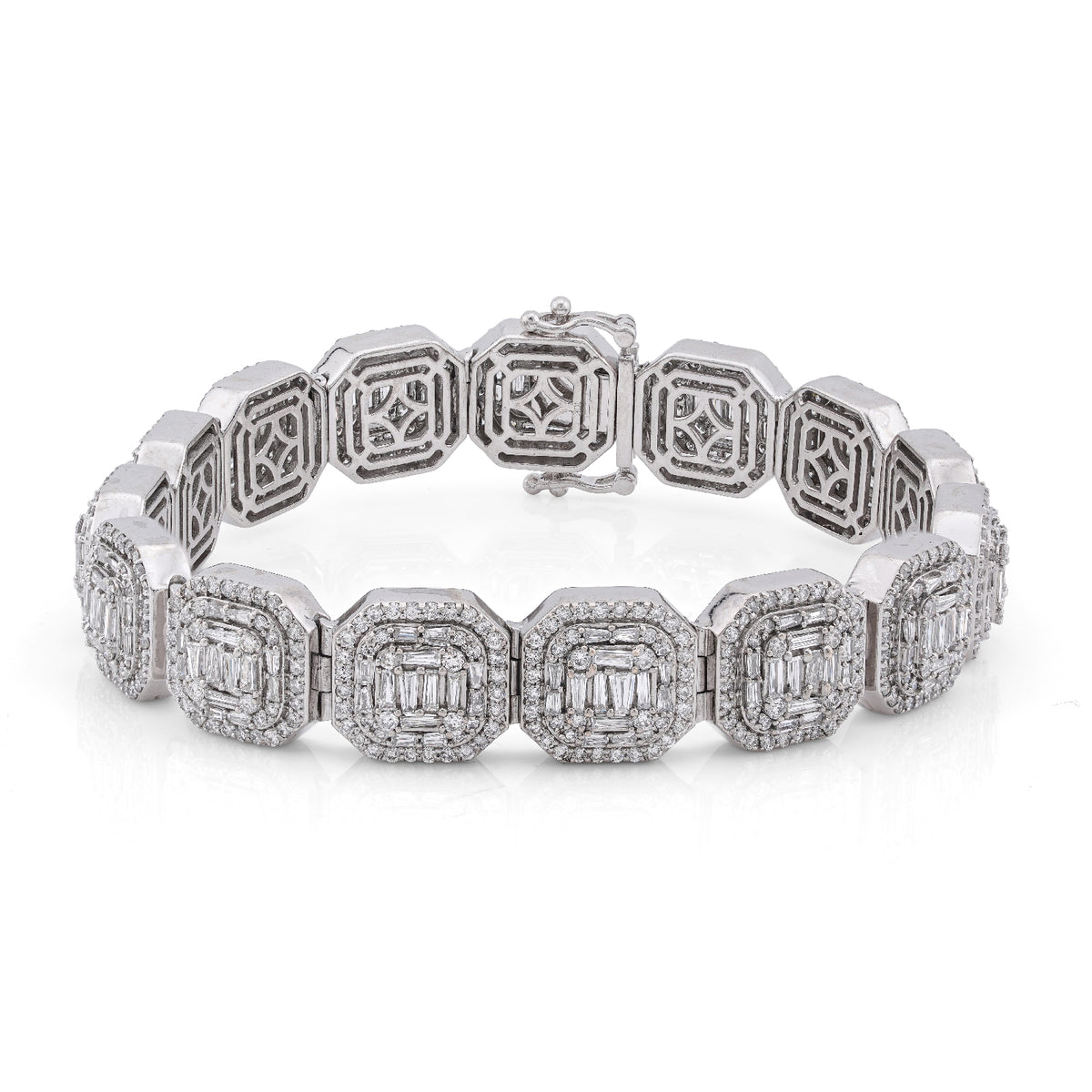 13MM 10k White Gold 14CTW Natural Diamond Octagon Shape Link Baguette Tennis Mens Bracelet 43.5gms 8"