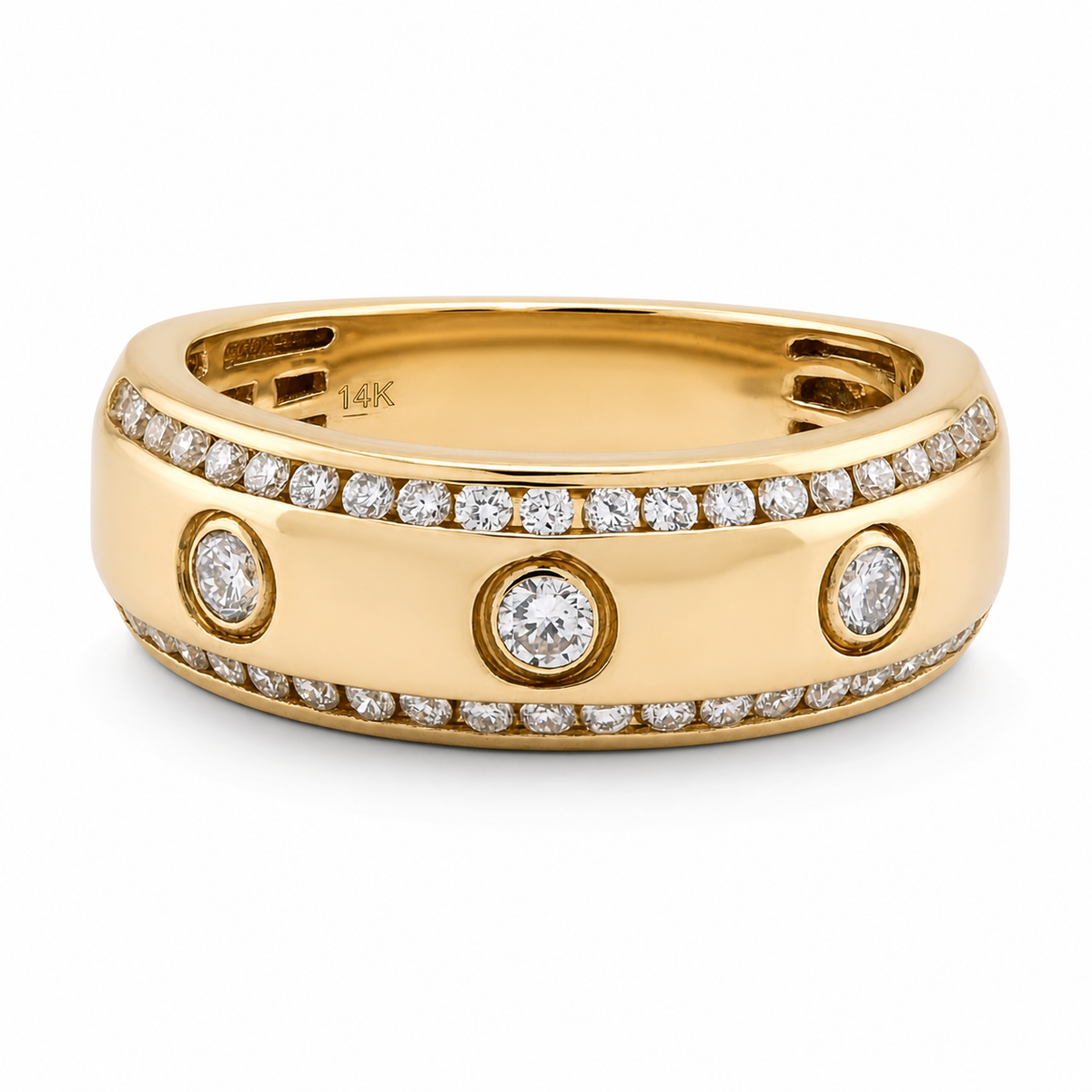 14k Yellow Gold 3 Stone Centre 2 Row Edge Lab Diamond Mens Ring Band 7.6gm